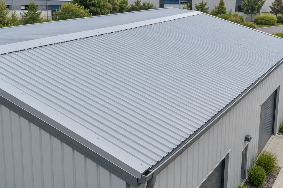 Light-grey coated corrugated roof on a commercial workshop