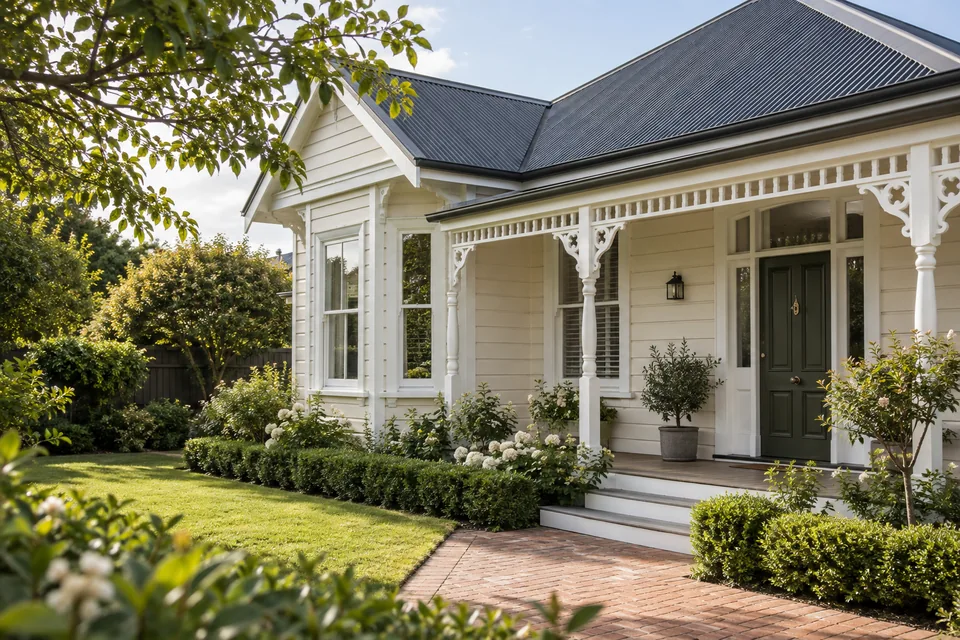 Cream weatherboard villa with white verandah trim and an olive-green front door