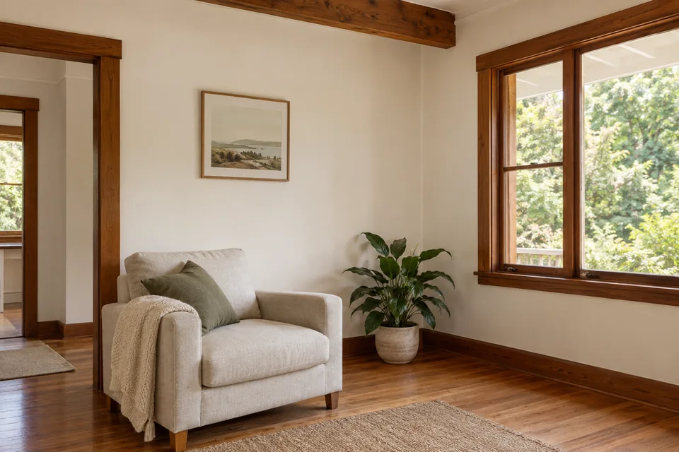 Warm-white painted living room with preserved timber windows, trim and flooring