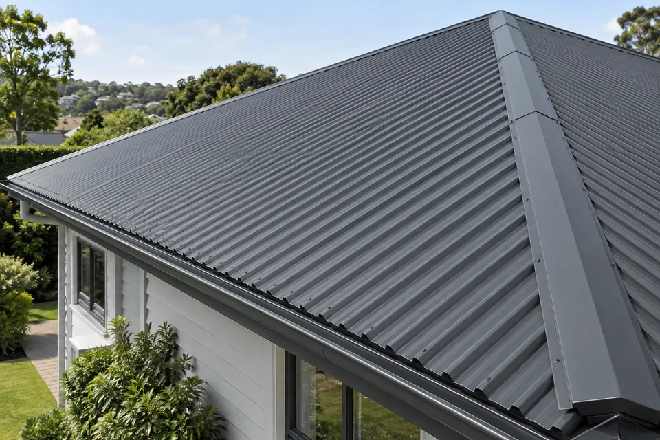 Charcoal-coated corrugated metal roof with matching ridge and gutters