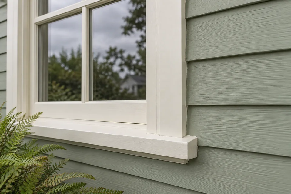 Ivory painted timber window and sill beside sage-green weatherboards