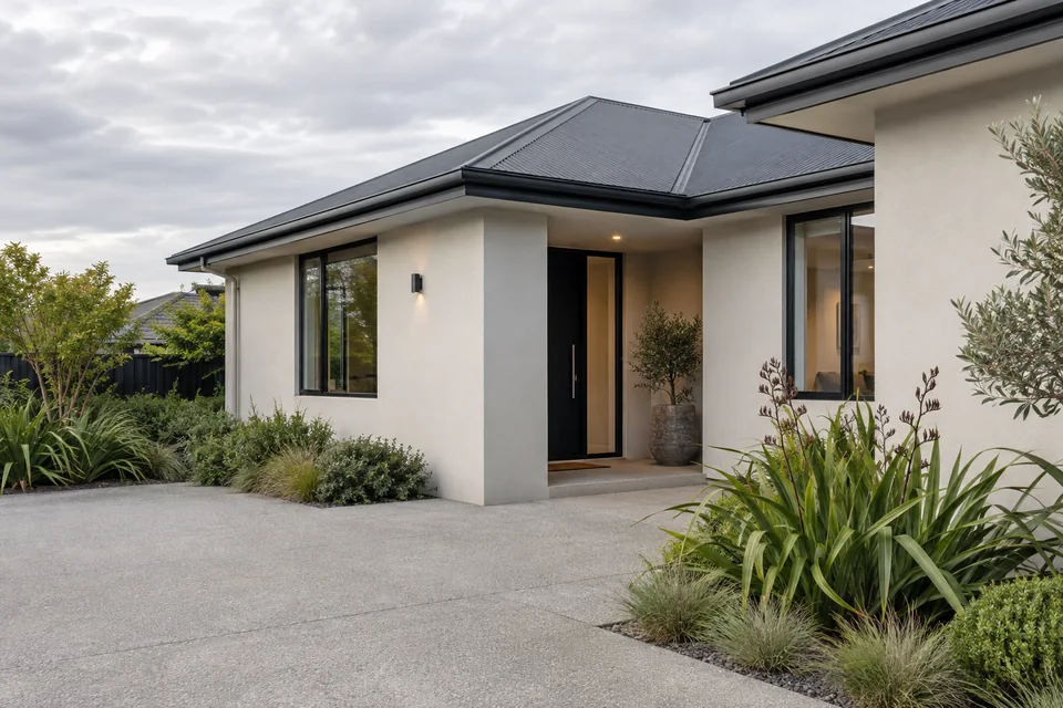 Light-grey plaster home with a dark roof and a planted entry courtyard