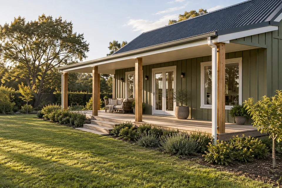 Olive-green board-and-batten home with timber porch posts and cream trim