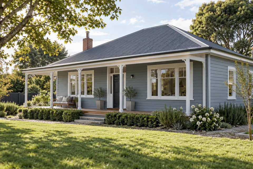 Blue weatherboard bungalow with white verandah trim and a charcoal metal roof