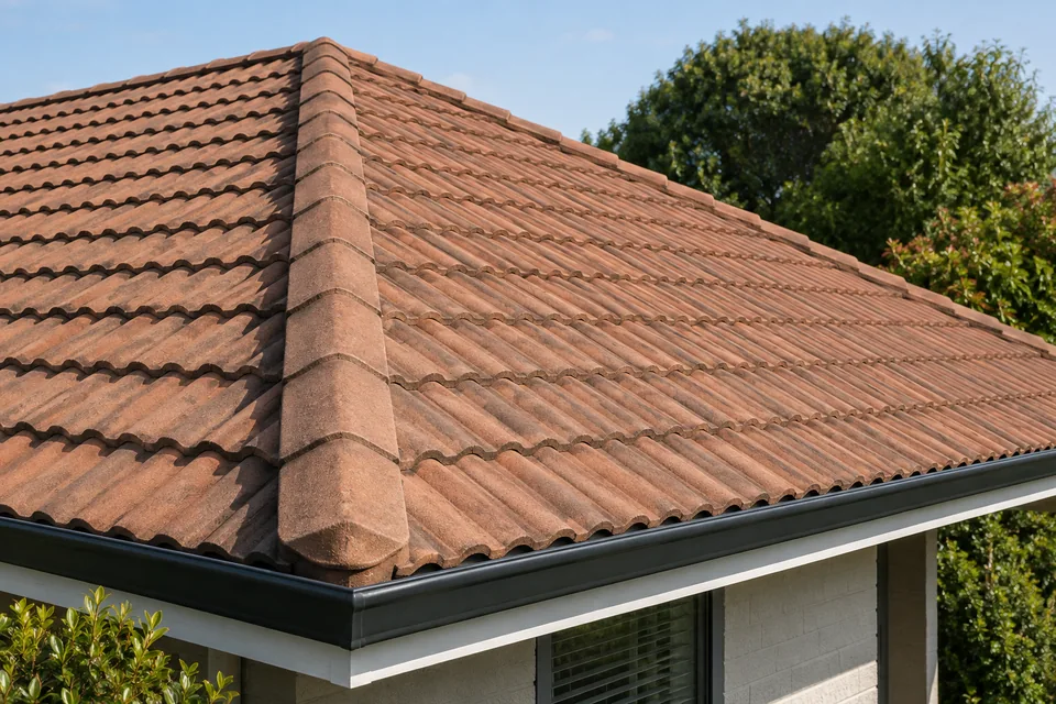 Terracotta-coloured concrete tile roof with matching ridge caps and dark guttering