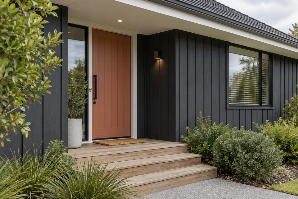Charcoal painted cladding with a terracotta front door and warm-white soffit