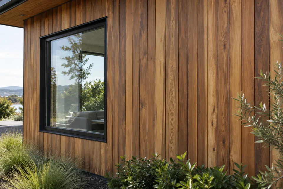 Vertical cedar cladding with natural timber grain and an even oiled finish
