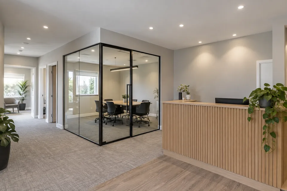 Office with light-grey painted walls, white trim and a timber reception counter