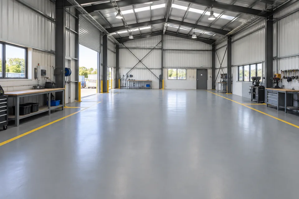 Workshop with a coated grey floor, yellow walkway lines and steel framing