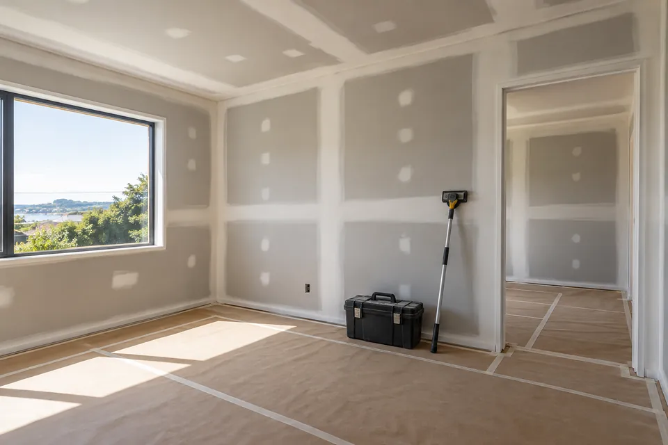 Plasterboard joints prepared for painting with protective floor covering