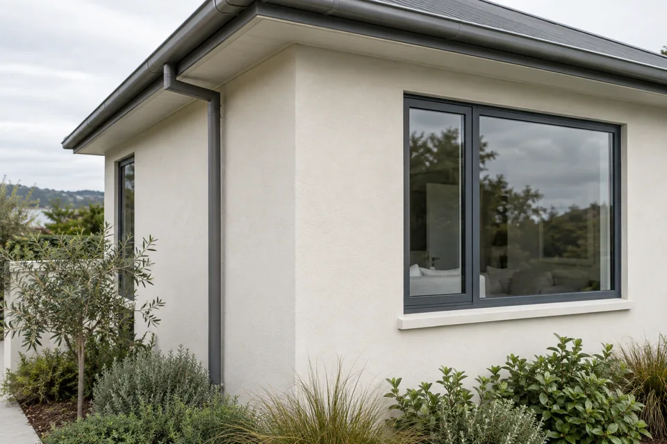 Ivory plaster exterior with charcoal window frames and guttering