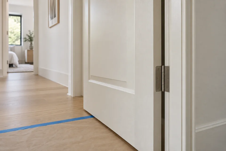 Warm-white painted panel door and frame with protected flooring
