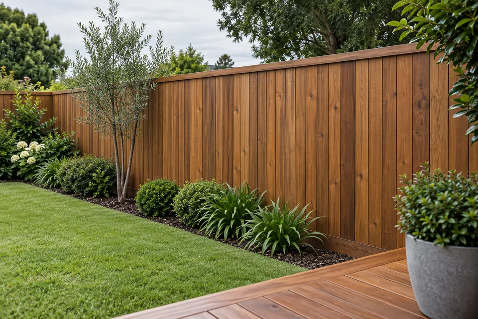 Warm-brown stained timber fence beside a lawn and timber deck