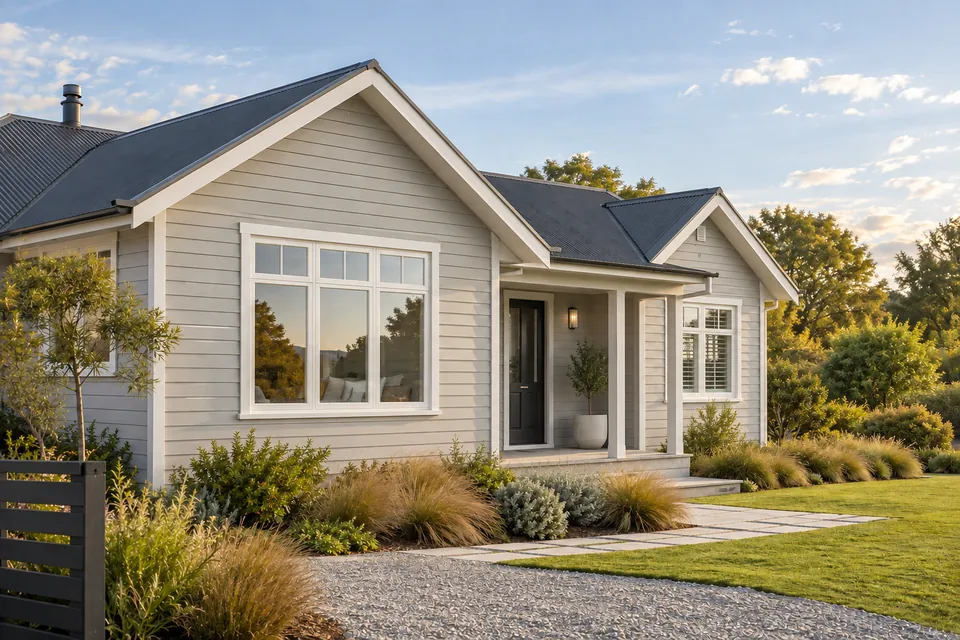 Grey weatherboard home with ivory trim and a charcoal metal roof