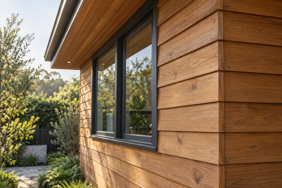 Honey-brown cedar weatherboards and soffit beside a charcoal window frame