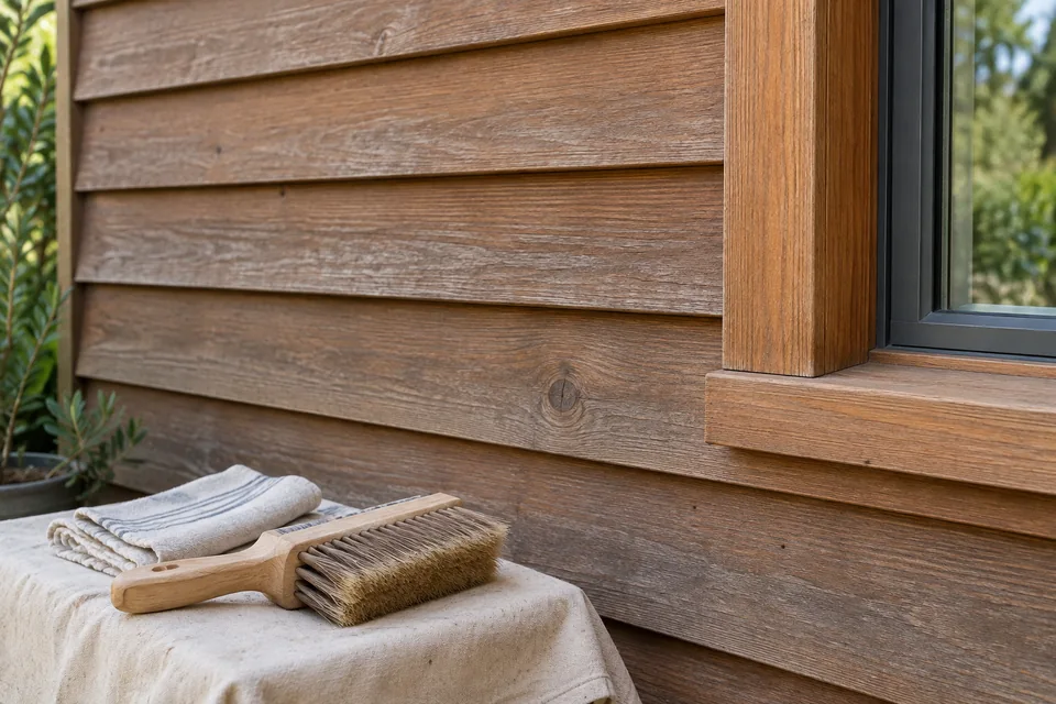 Horizontal cedar weatherboards with visible timber grain beside a brush and folded cloth
