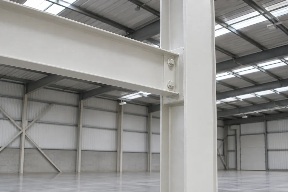 Off-white coated steel column and beam with a bolted connection