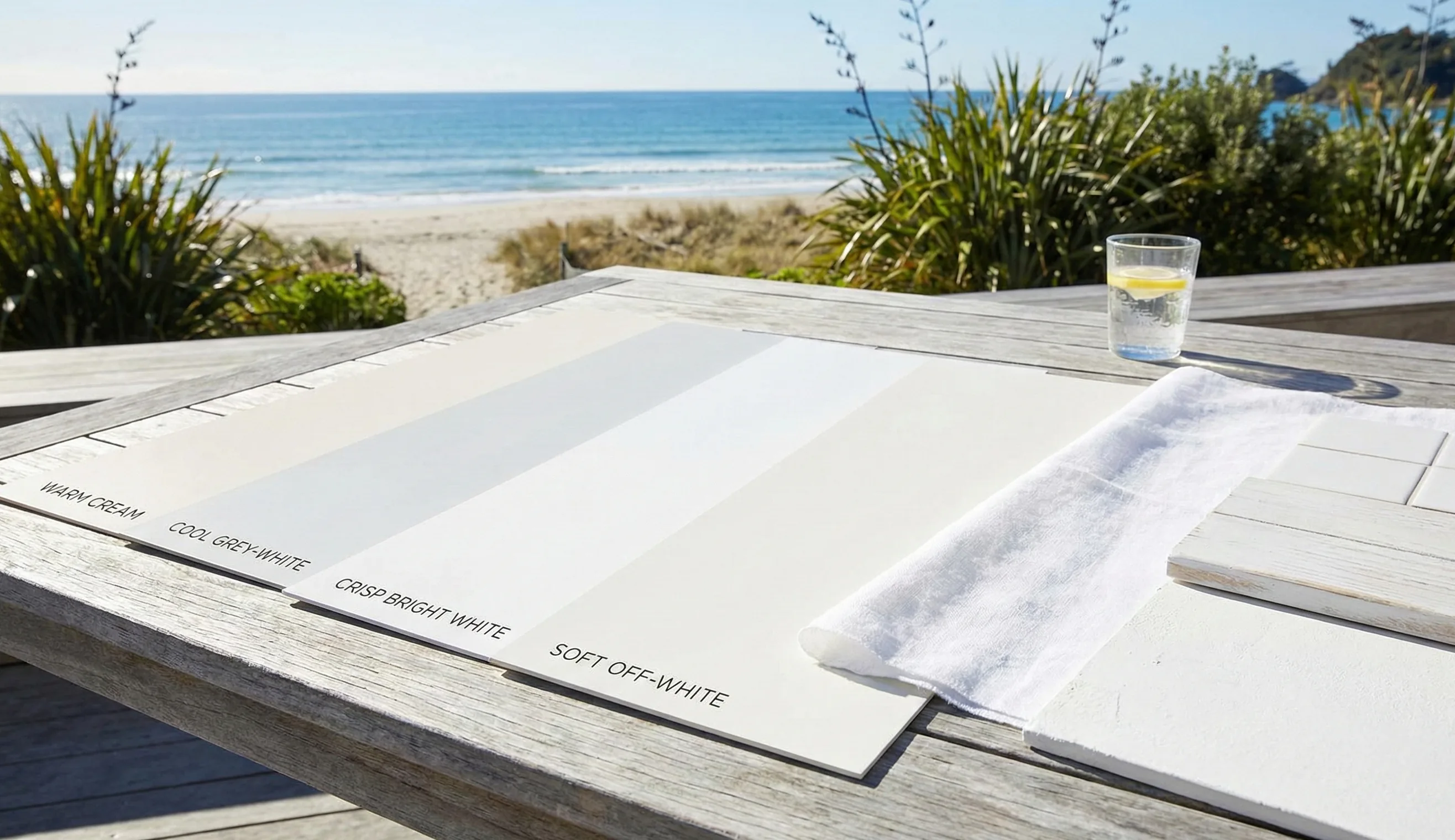 Coastal paint swatches in natural light by the beach
