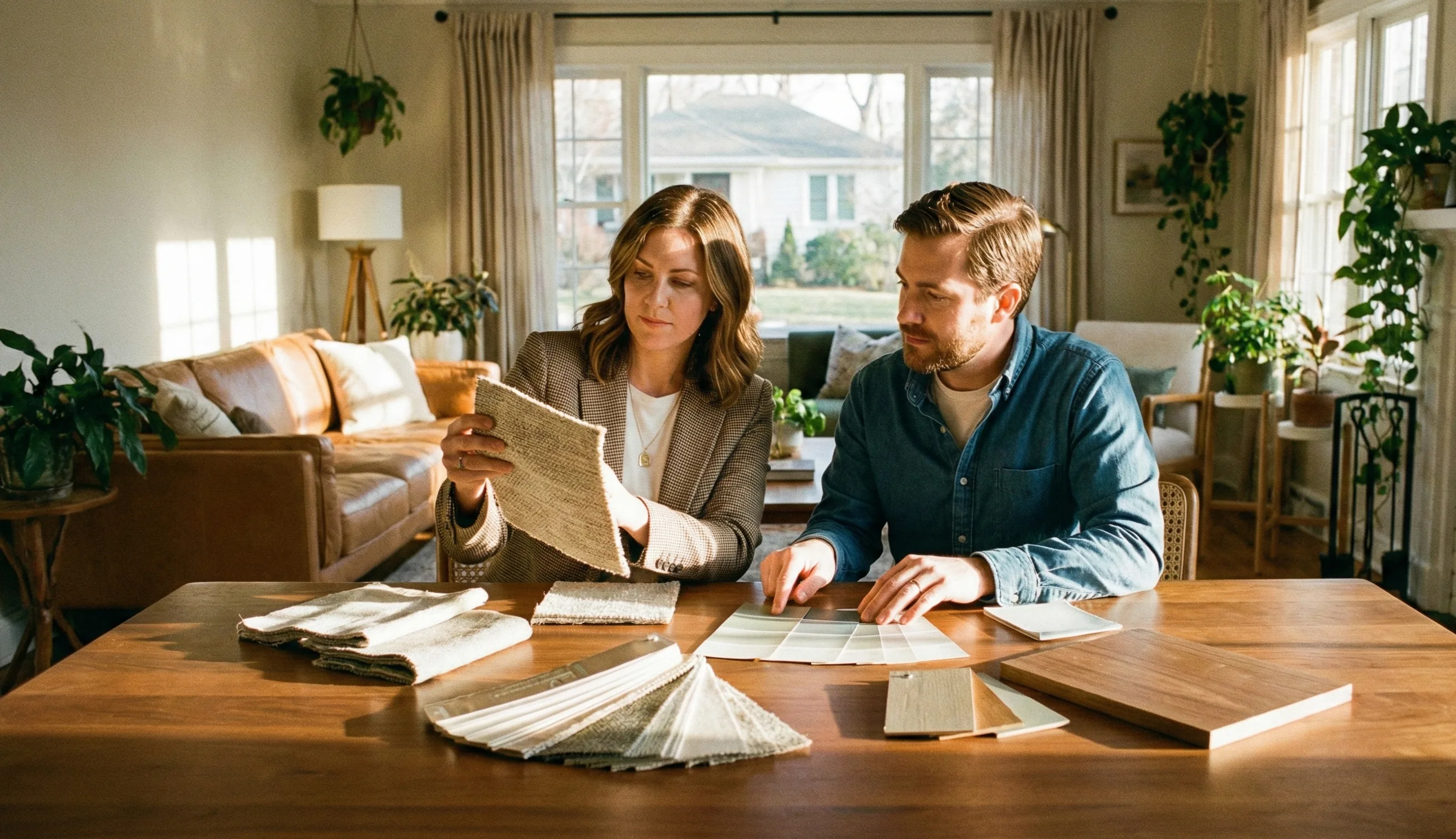 Homeowners reviewing paint and fabric samples with a consultant
