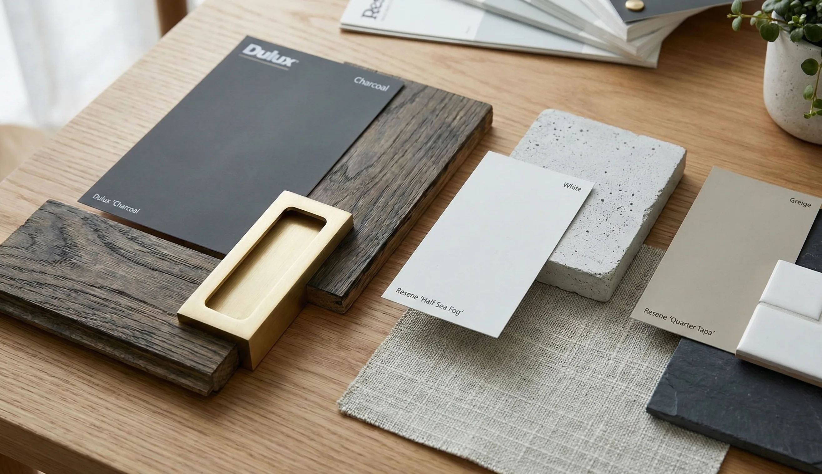 Colour samples and finish materials laid out for consultation