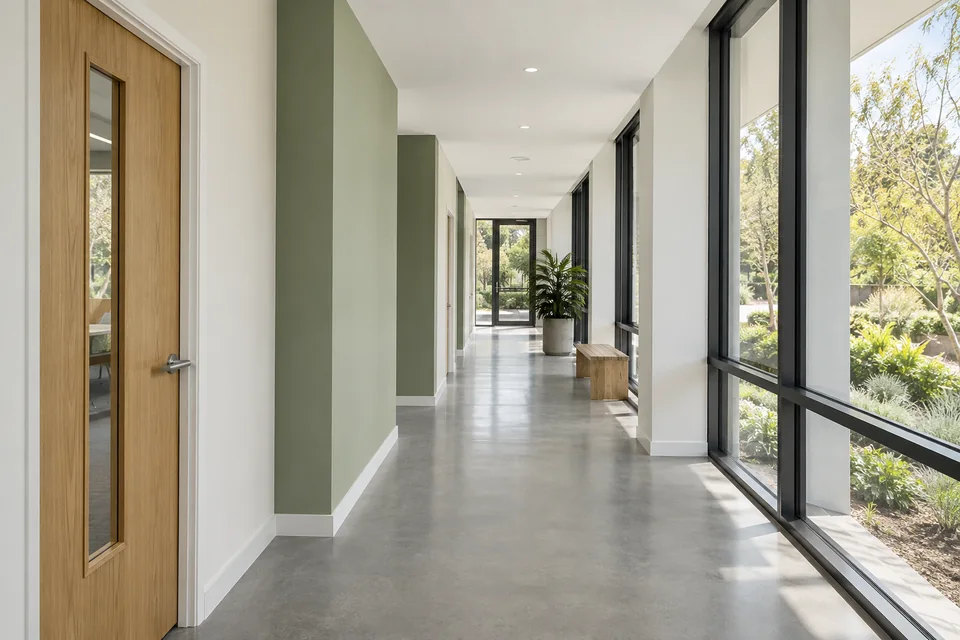 Commercial corridor with white and sage painted walls and glazed windows