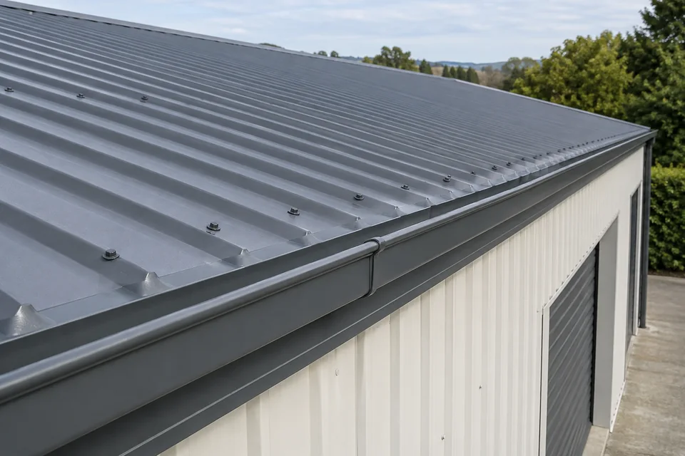 Slate-grey coated commercial roof with adjoining gutter and fascia