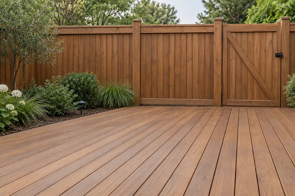 Brown-stained timber deck with a matching privacy fence and gate