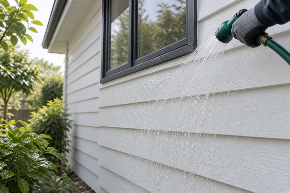 Gentle hose rinse on white painted weatherboards below a closed window