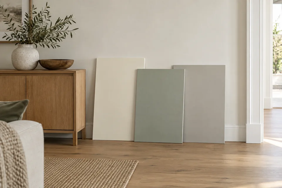 Ivory, sage and stone-grey colour sample boards beside white trim
