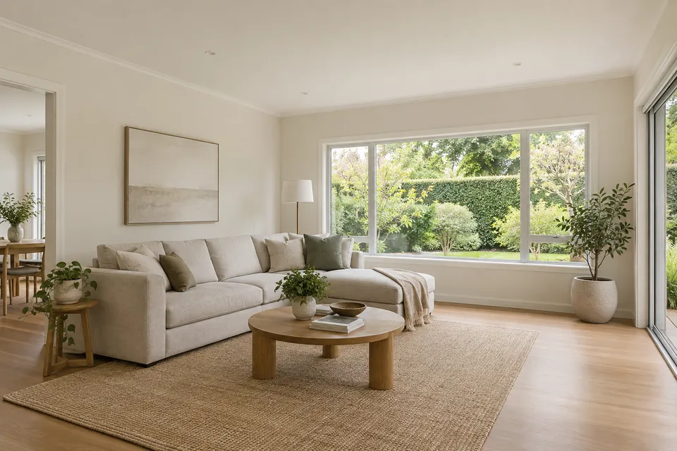 Living room with warm-white walls, painted trim and a garden-facing window