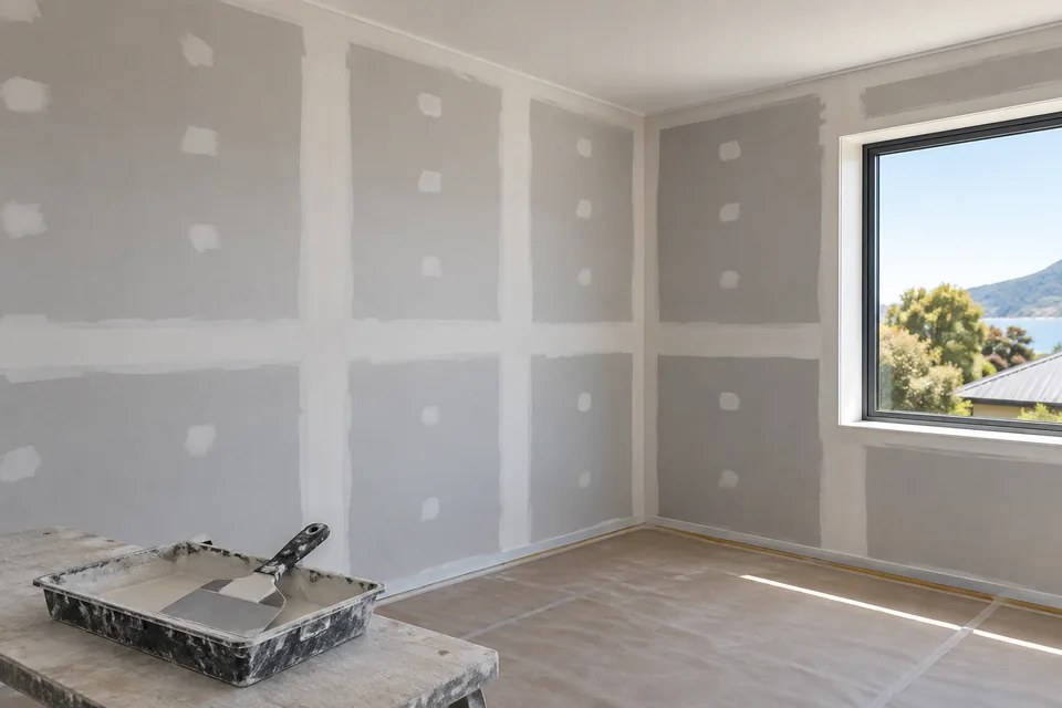Plasterboard joints and screw patches prepared in an unfurnished room