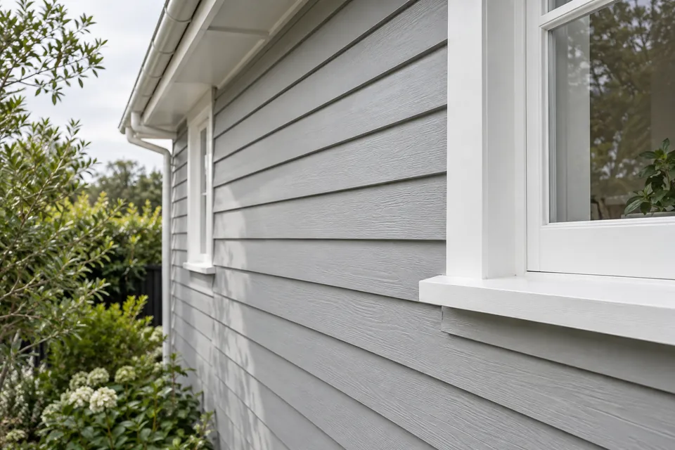 Grey-painted weatherboards with white timber window trim